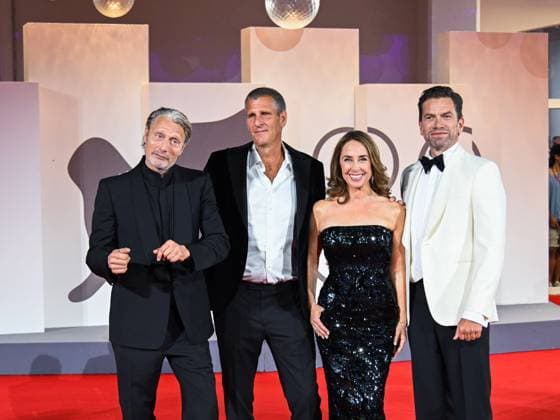 Venice, ITALY: Venice, 82nd Venice International Film Festival 2025 - Evening 4 - Red Carpet of the Film The Last Viking - In the photo: Mads Mikkelsen, Anders Thomas Jensen, Sofie Grabol, Nikolaj Lie Kaas Venice ITALY  - ZUMAp169 20250830_zea_p169_2103 Copyright: xManuelexMangiarottix