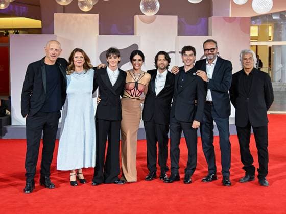 Venice, ITALY: Venice, 82nd Venice International Film Festival 2025 - Evening 4 - Red Carpet of the Film The Valley of Smiles - In the photo: Giulio Feltri, Romana Maggiora Vergano, Paolo Strippoli, Michele Riondino, Domenico Procacci, Guest Venice ITALY  - ZUMAp169 20250830_zea_p169_2028 Copyright: xManuelexMangiarottix