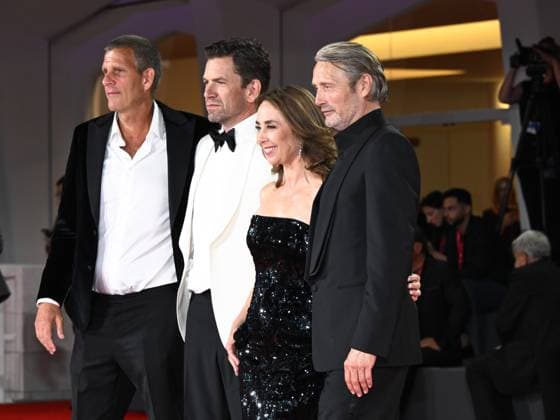 Venice, Italy: Venice, 82nd Venice International Film Festival 2025 - Evening 4 - Red Carpet of the Film The Last Viking . In the photo Anders Thomas Jensen, Nikolaj Lie Kaas, Sofie Grabol and Mads Mikkelsen Venice Italy  - ZUMAp169 20250830_zea_p169_1881 Copyright: xSimonexComix