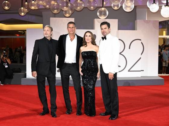 Venice, Italy: Venice, 82nd Venice International Film Festival 2025 - Evening 4 - Red Carpet of the Film The Last Viking . In the photo Anders Thomas Jensen, Nikolaj Lie Kaas, Sofie Grabol and Mads Mikkelsen Venice Italy  - ZUMAp169 20250830_zea_p169_1886 Copyright: xSimonexComix