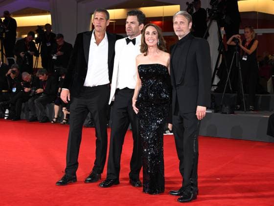 Venice, Italy: Venice, 82nd Venice International Film Festival 2025 - Evening 4 - Red Carpet of the Film The Last Viking . In the photo Anders Thomas Jensen, Nikolaj Lie Kaas, Sofie Grabol and Mads Mikkelsen Venice Italy  - ZUMAp169 20250830_zea_p169_1883 Copyright: xSimonexComix