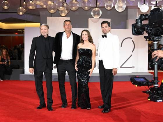 Venice, Italy: Venice, 82nd Venice International Film Festival 2025 - Evening 4 - Red Carpet of the Film The Last Viking . In the photo Anders Thomas Jensen, Nikolaj Lie Kaas, Sofie Grabol and Mads Mikkelsen Venice Italy  - ZUMAp169 20250830_zea_p169_1887 Copyright: xSimonexComix