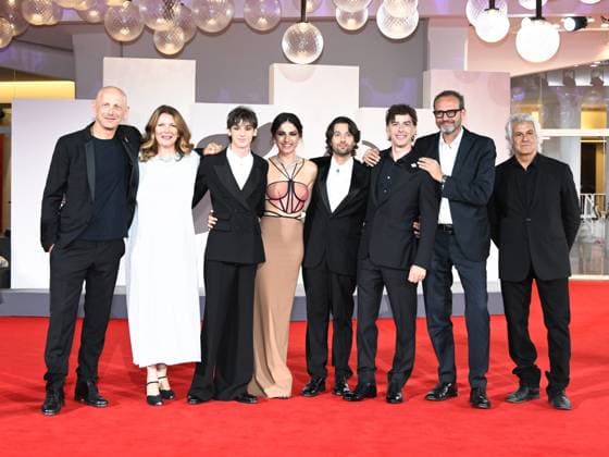 Venice, Italy: Venice, 82nd Venice International Film Festival 2025 - Evening 4 - Red Carpet for the film The Valley of Smiles. Pictured are Giulio Feltri, Romana Maggiora Vergano, Paolo Strippoli, Michele Riondino, and Domenico Procacci. Venice Italy  - ZUMAp169 20250830_zea_p169_1965 Copyright: xSimonexComix