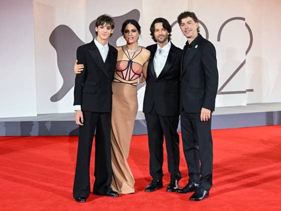 Venice, ITALY: Venice, 82nd Venice International Film Festival 2025 - Evening 4 - Red Carpet for the film The Valley of Smiles - Pictured: Giulio Feltri, Romana Maggiora Vergano, Paolo Strippoli, Michele Riondino Venice ITALY  - ZUMAp169 20250830_zea_p169_1999 Copyright: xManuelexMangiarottix