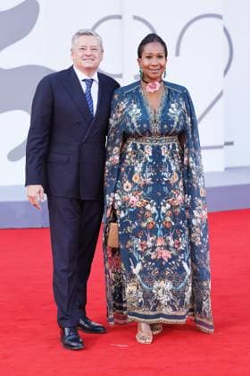 VENICE, ITALY - AUGUST 30: Ted Sarandos and Nicole Avant attend the Frankenstein red carpet during the 82nd Venice International Film Festival on August 30, 2025 in Venice, Italy. markxcape