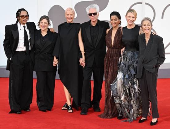 American director Jim Jarmusch, actress Indya Moore, actor Luka Sabbat, Australian actress Cate Blanchett, German actress Vicky Krieps and British actress Charlotte Rampling attend the premiere of Father Mother Sister Brother at the 82nd Venice Film Festival in Venice, Italy on Sunday, August 31, 2025.  VEN20250831171 RUNExHELLESTAD