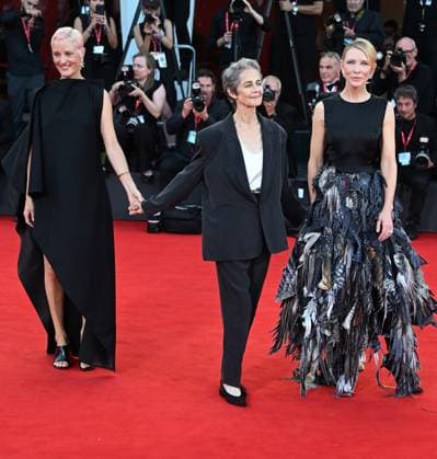 Australian actress Cate Blanchett, German actress Vicky Krieps and British actress Charlotte Rampling attend the premiere of Father Mother Sister Brother at the 82nd Venice Film Festival in Venice, Italy on Sunday, August 31, 2025.  VEN20250831182 RUNExHELLESTAD