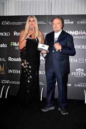 Venice, 82nd Venice International Film Festival 2025 - Evening 5 - Filming Italy Awards Ceremony. Pictured: Tiziana Rocca, Franco Nero  Copyright: xManuelexMangiarotti PoolxPhotoxEventsx06x xipa-agency.netx xManuelexMangiarotti PoolxPhotoxEx IPA_Agency_IPA63794175