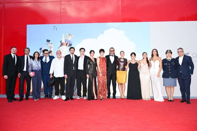 Venice, ITALY: Venice, 82nd Venice International Film Festival 2025 - evening 6, red carpet of the film (Im)perfetta In the photo: NicolÃ² Bressan Degli Antoni, Federica Franzellitti, Lisa Luchetta, Luna Shirin Rasia, Matteo Bianchi, Valeria Solarino Venice ITALY  - ZUMAp169 20250901_zea_p169_1293 Copyright: xManuelexMangiarottix