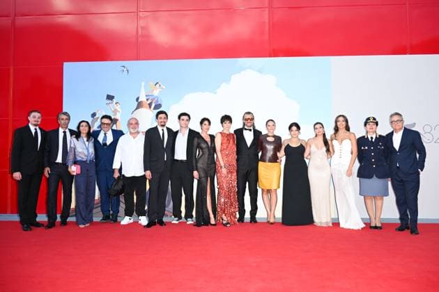 Venice, ITALY: Venice, 82nd Venice International Film Festival 2025 - evening 6, red carpet of the film (Im)perfetta In the photo: NicolÃ² Bressan Degli Antoni, Federica Franzellitti, Lisa Luchetta, Luna Shirin Rasia, Matteo Bianchi, Valeria Solarino Venice ITALY  - ZUMAp169 20250901_zea_p169_1297 Copyright: xManuelexMangiarottix