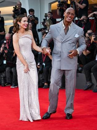 Venice, ITALY: Venice, 82nd Venice International Film Festival 2025 - evening 6, red carpet of the film The Smashing Machine In the photo: Emily Blunt Dwayne Johnson The Rock Venice ITALY  - ZUMAp169 20250901_zea_p169_1307 Copyright: xSimonexComix