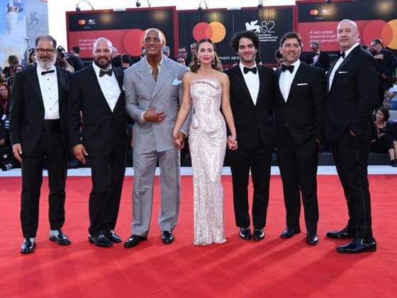 Venice, Italy: Venice, 82nd Venice International Film Festival 2025 - evening 6, red carpet of the film The Smashing Machine . In the photo Andrea Romeo, Mark Kerr, Dwayne Johnson, Emily Blunt, Benny Safdie, David Koplan and Hiram Garcia Venice Italy  - ZUMAp169 20250901_zea_p169_1330 Copyright: xAlbertoxTerenghix