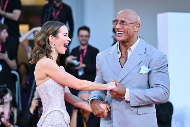 Venice The Smashing Machine Premiere AM Emily Blunt and Dwayne Johnson attending The Smashing Machine Premiere as part of the 82nd Venice International Film Festival at the Lido in Venice, Italy on September 01, 2025. Photo by Aurore Marechal ABACAPRESS.COM Venice Italy  Copyright: xMarechalxAurore ABACAx