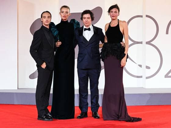 Venice, 82nd Venice International Film Festival 2025 - evening 6, red carpet of the film Orfeo In the photo: Luca Vergoni, Virgilio Villoresi, Giulia Maenza and Aomi Muyock  Copyright: xManuelexMangiarottix xipa-agency.netx xPoolxPhotoxEventsx06x IPA_Agency_IPA63891084
