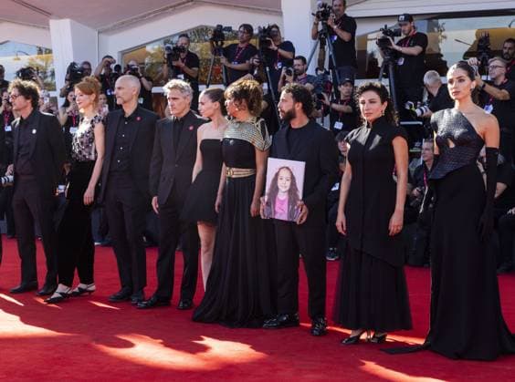 The Voice Of Hind Rajab Red Carpet - The 82nd Venice International Film Festival VENICE, ITALY - SEPTEMBER 03: (L-R)Nadim Cheikhrouha, Odessa Rae, James Wilson, Joaquin Phoenix, Rooney Mara, Kaouther Ben Hania, Motaz Malhees, Clara Khoury and Saja Kilani attend the The Voice Of Hind Rajab red carpet during the 82nd Venice International Film Festival on September 03, 2025 in Venice, Italy. Primo Barol Anadolu Venice Italy. Editorial use only. Please get in touch for any other usage. Copyright: x2025xAnadoluxPrimoxBarolx