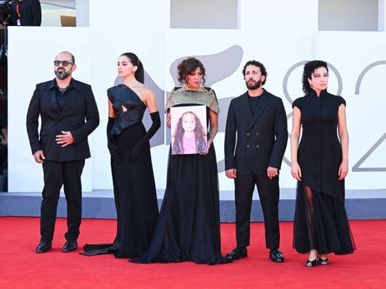 Venice, ITALY: Venice, 82nd Venice International Film Festival 2025 - day 8 - red carpet of the film The Voice Of Hind Rajab - In the photo: Amer Hlehel, Saja Kilani, Kaouther Ben Hania, Motaz Malhees and Clara Khoury Venice ITALY  - ZUMAp169 20250903_zea_p169_856 Copyright: xManuelexMangiarottix
