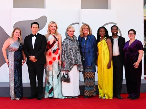 Venice, ITALY: Venice, 82nd Venice International Film Festival 2025 - day 8 - red carpet of the film The Voice Of Hind Rajab - In the photo: Danielle Turkov, Teo Yoo, Helen Hoehne, guest, Geralyn Dreyfous, Misan Sagay, Jharrel Jerome and guest Venice ITALY  - ZUMAp169 20250903_zea_p169_869 Copyright: xManuelexMangiarottix
