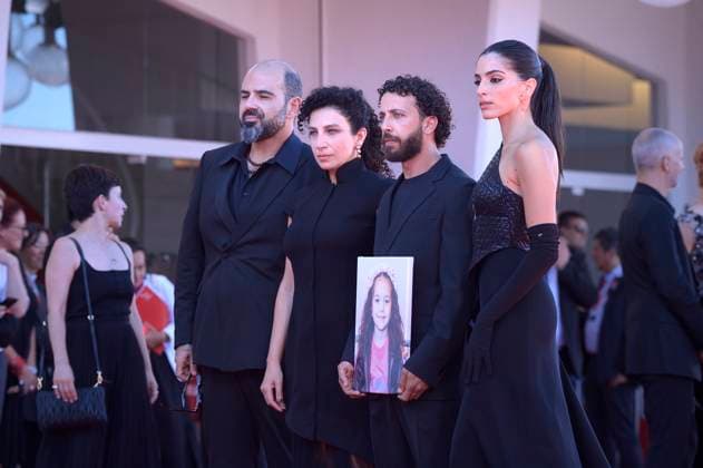 Saja Kilani, Clara Khoury, Amer Hlehel and Motaz Malhees attend the The Voice Of Hind Rajab red carpet during the 82nd Venice International Film Festival in Venice, Italy on Wednesday, September 03, 2025 in Venice, Italy.  VEN20250903807 RoccoxSpaziani