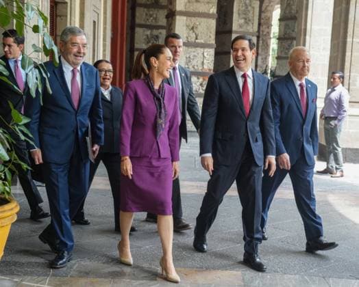 September 3, 2025, Mexico City, Df, Mexico: U.S Secretary of State Marco Rubio, 2nd right, shares a light moment as he walks with Mexican President Claudia Sheinbaum, 2nd left, at the National Palace, September 3, 2025 in Mexico City, Mexico. Left to right: Mexican Foreign Secretary Juan Ramo³n de la Fuente, Mexican President Claudia Sheinbaum, U.S Secretary of State Marco Rubio and U.S. Ambassador to Mexico Ronald D. Johnson. Mexico City Mexico - ZUMAp138 20250903_zaa_p138_031 Copyright: xFreddiexEverett UsxStatex
