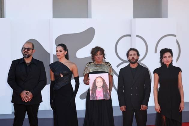 (250904) -- VENICE, Sept. 4, 2025 -- Crew members of the film The Voice of Hind Rajab pose at the red carpet of the premiere during the 82nd Venice Film Festival in Venice, Italy, Sept. 3, 2025. ) ITALY-VENICE-FILM FESTIVAL-THE VOICE OF HIND RAJAB-PREMIERE LixJing 