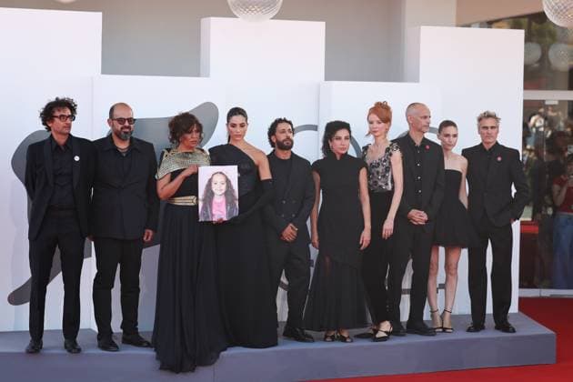 (250904) -- VENICE, Sept. 4, 2025 -- Crew members of the film The Voice of Hind Rajab pose at the red carpet of the premiere during the 82nd Venice Film Festival in Venice, Italy, Sept. 3, 2025. ) ITALY-VENICE-FILM FESTIVAL-THE VOICE OF HIND RAJAB-PREMIERE LixJing 