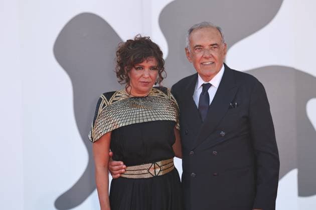 (250904) -- VENICE, Sept. 4, 2025 -- Director Kaouther Ben Hania (L) of the film The Voice of Hind Rajab poses with Venice Film Festival director Alberto Barbera at the red carpet of the premiere during the 82nd Venice Film Festival in Venice, Italy, Sept. 3, 2025. ) ITALY-VENICE-FILM FESTIVAL-THE VOICE OF HIND RAJAB-PREMIERE LixJing 