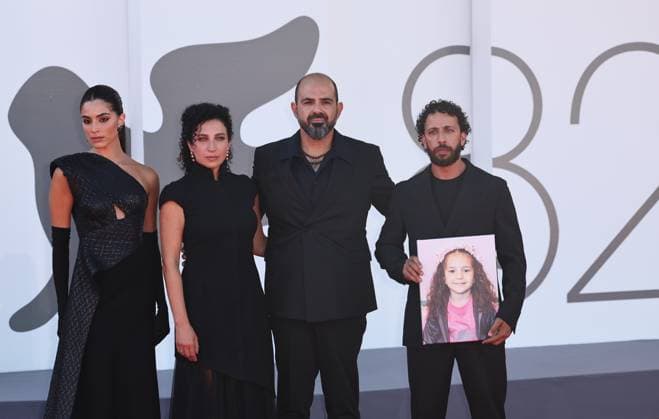 (250904) -- VENICE, Sept. 4, 2025 -- Crew members of the film The Voice of Hind Rajab pose at the red carpet of the premiere during the 82nd Venice Film Festival in Venice, Italy, Sept. 3, 2025. ) ITALY-VENICE-FILM FESTIVAL-THE VOICE OF HIND RAJAB-PREMIERE LixJing 