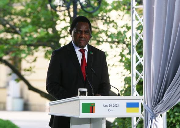 Presidents of African countries meet with Ukrainian President Zelenskyy in Kyiv KYIV, UKRAINE - JUNE 16: Zambia s President Hakainde Hichilema speaks during a press-conference with Ukraine s President Volodymyr Zelenskyy and Presidents of African countries in Kyiv, Ukraine, on June 16, 2023. Ukraine World. Editorial use only. Please get in touch for any other usage.  Copyright: x2025xAnadoluxVladimirxShtankox