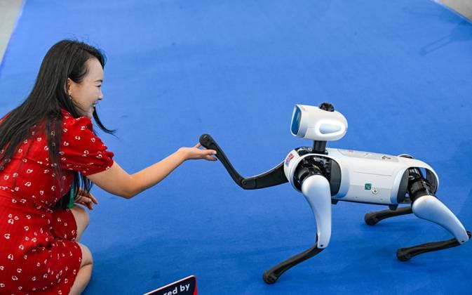 Entertainment Themen der Woche KW36 (250904) -- CHONGQING, Sept. 4, 2025 -- A guest interacts with a robot dog at the venue of the World Smart Industry Expo 2025 in southwest China s Chongqing, Sept. 4, 2025. The expo is scheduled for Sept. 5 to 8 in Chongqing to present cutting-edge achievements of the smart industry through professional exhibitions. ) CHINA-CHONGQING-WORLD SMART INDUSTRY EXPO (CN) WangxQuanchao 