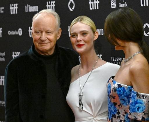 (L-R) Stellan Skarsgard, Elle Fanning and Renate Reinsve, attend the premiere of Sentimental Value on opening night of the Toronto International Film Festival at the Princess of Wales Theatre in Toronto, Canada on Thursday, September 4, 2025. The festival is celebrating its milestone 50th edition this year and will feature 291 films from around the world.  TOR2025090434 CHRISxCHEW