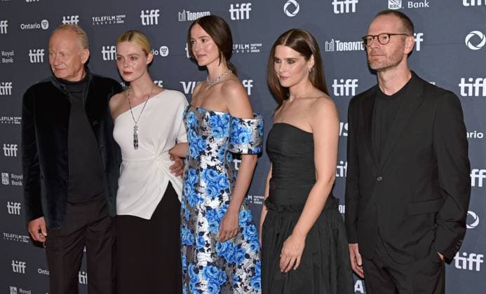 (L-R) Stellan Skarsgard, Elle Fanning, Renate Reinsve, Inga Ibsdotter Lilleaas and director Joachim Trier attend the premiere of Sentimental Value on opening night of the Toronto International Film Festival at the Princess of Wales Theatre in Toronto, Canada on Thursday, September 4, 2025. The festival is celebrating its milestone 50th edition this year and will feature 291 films from around the world.  TOR2025090435 CHRISxCHEW