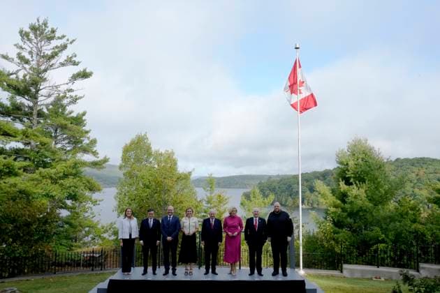 September 5, 2025, Chelsea, Pq, Canada: House of Commons Speaker Francis Scarpaleggia hosts colleagues from the G7, European Union and Ukraine at an event in Chelsea, Que., Friday, Sept. 5, 2025. (Left to right: Roberta Metsola, President of the European Parliament; Mike Johnson, Speaker of the House of Representatives of the United States; Lorenzo Fontana, President of the Chamber of Deputies of the Italian Republic; Yael Braun-Pivet, President of the French National Assembly; Francis Scarpaleggia, Speaker of the House of Commons; Julia Klockner, President of the German Bundestag; Sir Lindsay Hoyle, Speaker of the House of Commons of the United Kingdom; Ruslan Stefanchuk, Chairman of the Verkhovna Rada of Ukraine) Chelsea Canada - ZUMAc35_ 20250905_zaf_c35_012 Copyright: xAdrianxWyldx