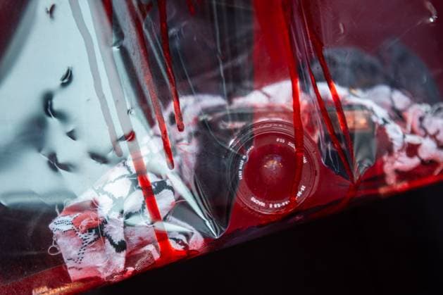 September 5, 2025, Toronto, On, Canada: A camera soaked in fake blood is pictured on the red carpet for öÄuPalestine 36öÄÃ¹ at the Toronto International Film Festival in Toronto on Friday, September 5, 2025. Toronto Canada  - ZUMAc35_ 20250905_zaf_c35_051 Copyright: xLauraxProctorx