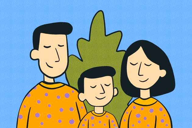 Family bonding during the festive season Illustrated family, mother, father and son in matching polka dot sweaters, eyes closed in contentment, enjoying a moment of togetherness. A green Christmas tree against a blue background adds festive cheer. Model Released HodeiUnzueta_ID29925_1011708_014 Copyright: xHodeixUnzuetax RECORD DATE NOT STATED