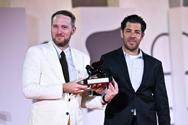 Venice Winners Red Carpet AM James A. Smith and Joe Beshenkovsky pose with the Venice Classics Best Documentary on Cinema Award for Mata Hari attending the Winners Red Carpet of the 82nd Venice International Film Festival at the Lido in Venice, Italy on September 06, 2025. Photo by Aurore Marechal ABACAPRESS.COM Venice Italy  Copyright: xMarechalxAurore ABACAx