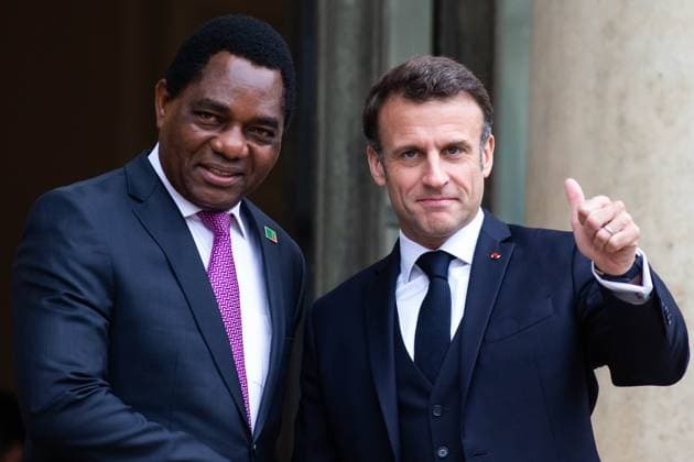 Zambian President Hakainde Hichilema in Paris PARIS, FRANCE - MAY 10: French President Emmanuel Macron (R) welcomes Zambian President Hakainde Hichilema (L) at the Elysee Palace in Paris, France on April 10, 2023. France World. Editorial use only. Please get in touch for any other usage.  Copyright: x2025xAnadoluxÄ°brahimxEzzatx
