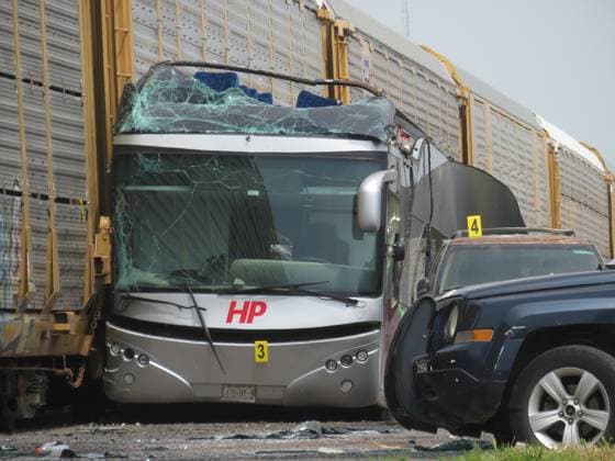 (250908) -- MEXICO CITY, Sept. 8, 2025 -- This photo taken on Sept. 8, 2025 shows the damaged double-deck passenger bus at the accident site in the Atlacomulco municipality, the State of Mexico, Mexico. At least eight people were killed and 45 others injured early Monday when a double-deck passenger bus was hit by a train in central Mexico, authorities said. (Photo by Jorge Alvarado Xinhua) MEXICO-ATLACOMULCO-CRASH-ACCIDENT LixMengxintonglian 
