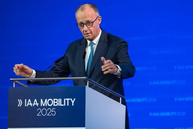 Munich, Bavaria, Germany - September 9, 2025: : IAA Mobility 2025 trade fair in Munich. Opening ceremony, Friedrich Merz (CDU party Federal Chancellor) gives a speech *** IAA Mobility 2025 Messe in München. Eröffnungsfeier, Friedrich Merz (Partei CDU Bundeskanzler bzw. Kanzler) hält eine Rede