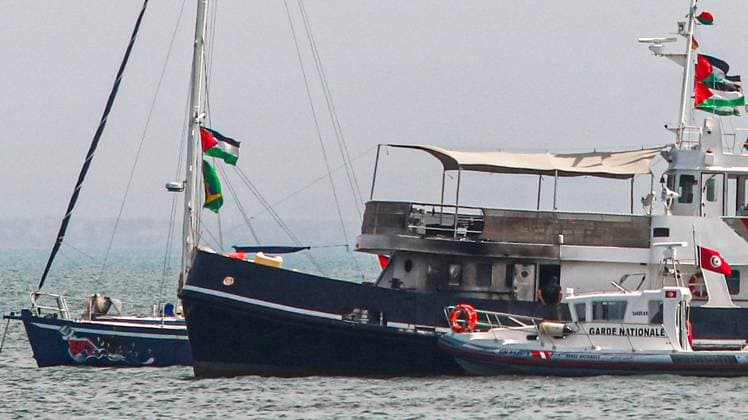 September 9, 2025, Tunis, Tunis, Tunisia: A Gaza bound flotilla boat is seen in Tunisian waters on 09 September, 2025, after organizers said it was struck by a drone. All Passengers were reported safe. Tunis Tunisia - ZUMAm342 20250909_zsp_m342_009 Copyright: xHasanxMradx