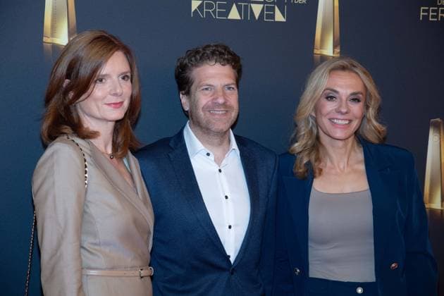 from left Kathrin VERNAU, WDR Director General, Arnim BUTZEN, SVP TV and Entertainment, Telekom Deutschland, Inga LESCHEK, Chief Content Officer RTL Deutschland Red Carpet, Red Carpet Show, Arrival, Presentation of the German Television Award, The Night of the Creatives The German Television Award 2025, German Television Award 2025 in the Flora Cologne, on 09 09 2025