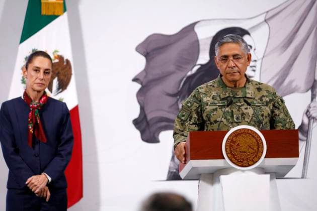 Mexico™s President Claudia Sheinbaum Holds Press Conference For Security Report Mexico™s President Claudia Sheinbaum Pardo is seen behind while Minister of the Mexico s Navy, Raymundo Morales Angeles speaking during a press conference about the monthly security report at the National Palace. on September 9, 2025, in Mexico City, Mexico. (Photo by Luis Barron Eyepix Group) Copyright: xLuisxBarronx xEyepixxGroupx LB_09092025_169147