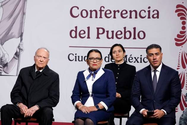Mexico™s President Claudia Sheinbaum Holds Press Conference For Security Report (L-R) Mexico s Attorney General, Alejandro Gertz Manero; Mexico™s Minister of the Interior, Rosa Icela Rodriguez; Head of the Executive Secretariat of the National Public Security System, Marcela Figueroa Franco and Secretary of Security and Citizen Protection, Omar Garcia Harfuch are seen during a press conference about the monthly security report at the National Palace. on September 9, 2025, in Mexico City, Mexico. (Photo by Luis Barron Eyepix Group) Copyright: xLuisxBarronx xEyepixxGroupx LB_09092025_169150