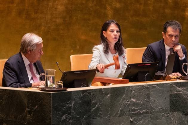 September 9, 2025, New York, New York, USA: Annalena Baerbock, President of the eightieth session of the General Assembly presides over first assembly 80th session meeting at UN Headquarters in New York, NY on September 9, 2025. New York USA - ZUMAr339 20250909_znp_r339_044 Copyright: xLevxRadinx