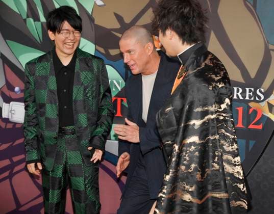 Cast members Channing Tatum, Natsuki Hanae and Aleks Le (L-R) attend the premiere of the animated motion picture fantasy thriller Demon Slayer: Kimetsu no Yaibi Infinity Castle at the TCL Chinese Theatre in the Hollywood section of Los Angeles on Tuesday, September 9, 2025.  LAP2025090921 JIMxRUYMEN