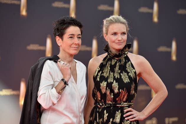 Dunja Hayali and Sarah Tacke arriving at the German Television Award ceremony at the MMC Studios in Cologne on 10 09 2025