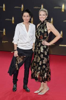 Dunja Hayali and Sarah Tacke arriving at the German Television Award ceremony at the MMC Studios in Cologne on 10 09 2025