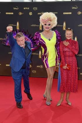 Armin Rohde, Olivia Jones and Angela Freifrau von Schilling arriving at the German Television Award ceremony at the MMC Studios in Cologne on 10 09 2025