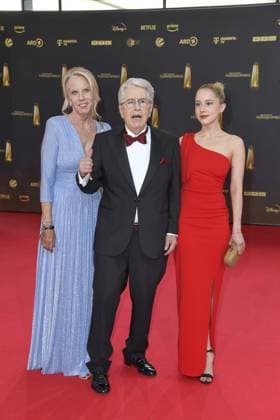Britta Gessler, Frank Elstner and Enya Elstner arriving at the German Television Award ceremony at the MMC Studios in Cologne on 10 09 2025