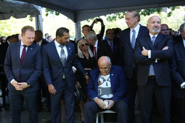 RECORD DATE NOT STATED (NEW) 24th anniversary 9 11 commemoration ceremony. September 11, 2025, New York, USA: (L-R) Andrew Giuliani, Politician and son of former NYC Mayor, FBI Director, Kash Patel, Former New York City Mayor, Rudy Giuliani, Howard Lutnick, United States Secretary of Commerce, Mike Bloomberg, Businessman and former Mayor of New York City at the 24th anniversary 9 11 commemoration ceremony is taking place on the 9 11 Memorial plaza at the World Trade Center in lower Manhattan. This commemoration remembers and honors the 2,983 men, women, and children killed in the 2001 attacks at the World Trade Center site, the Pentagon, and aboard Flight 93, and those killed in the February 26, 1993 WTC bombing. It is for family members of victims of the 2001 a  Copyright: xNiyixFotex
