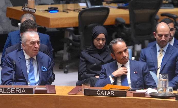 UN Security Council condemns Israeli strikes targeting Qatar NEW YORK, UNITED STATES - SEPTEMBER 11: Prime Minister and Minister for Foreign Affairs of Qatar, Sheikh Mohammed bin Abdulrahman bin Jassim Al-Thani (R) attends the emergency meeting of the UN Security Council, following Israeli attacks on Qatar s capital Doha, at U.N. headquarters in New York City, U.S., on September 11, 2025. UN Security Council members on Thursday condemned an Israeli attack on Qatar, and urged all sides to seize the opportunity for peace, while failing to name Israel. Selcuk Acar Anadolu New York United States. Editorial use only. Please get in touch for any other usage.  Copyright: x2025xAnadoluxSelcukxAcarx